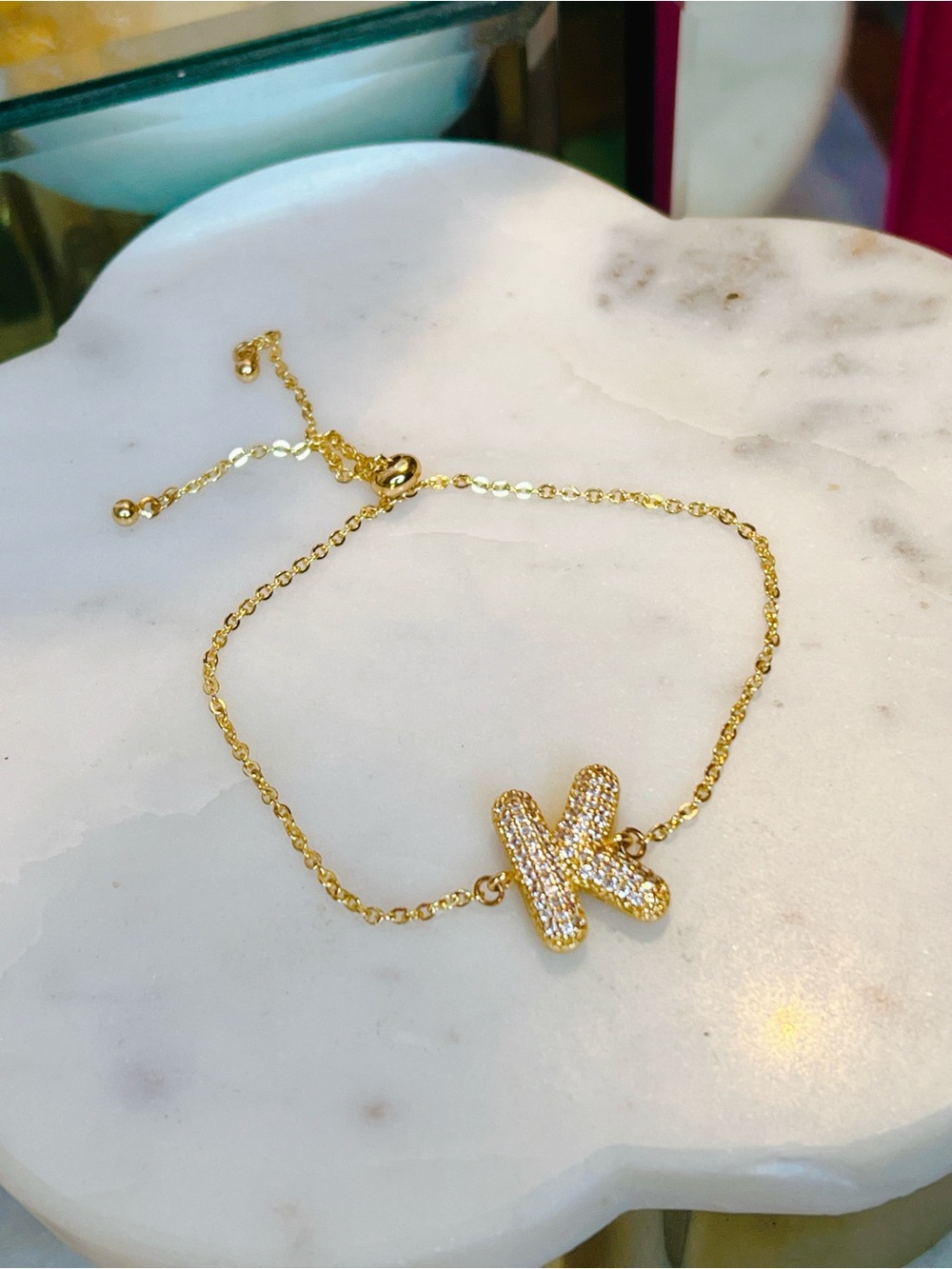 18k yellow gold CZ Pave K letter bolo adjustable bracelet stainless plated - Picture 4 of 4